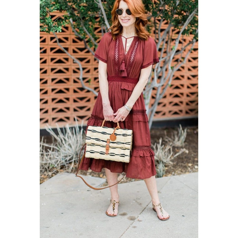 Sea New York Burgundy Midi Dress Size 6  Beaded Tassel Boho Cottagecore Romantic